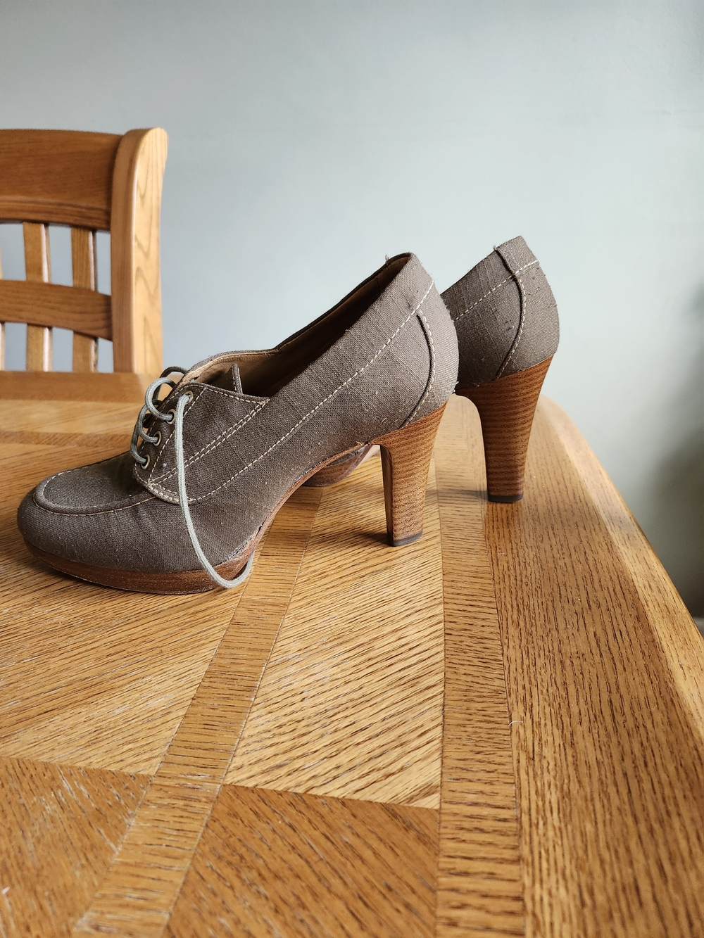 L.L. Bean Taupe Canvas Lace-Up Heels - Picture 3 of 7